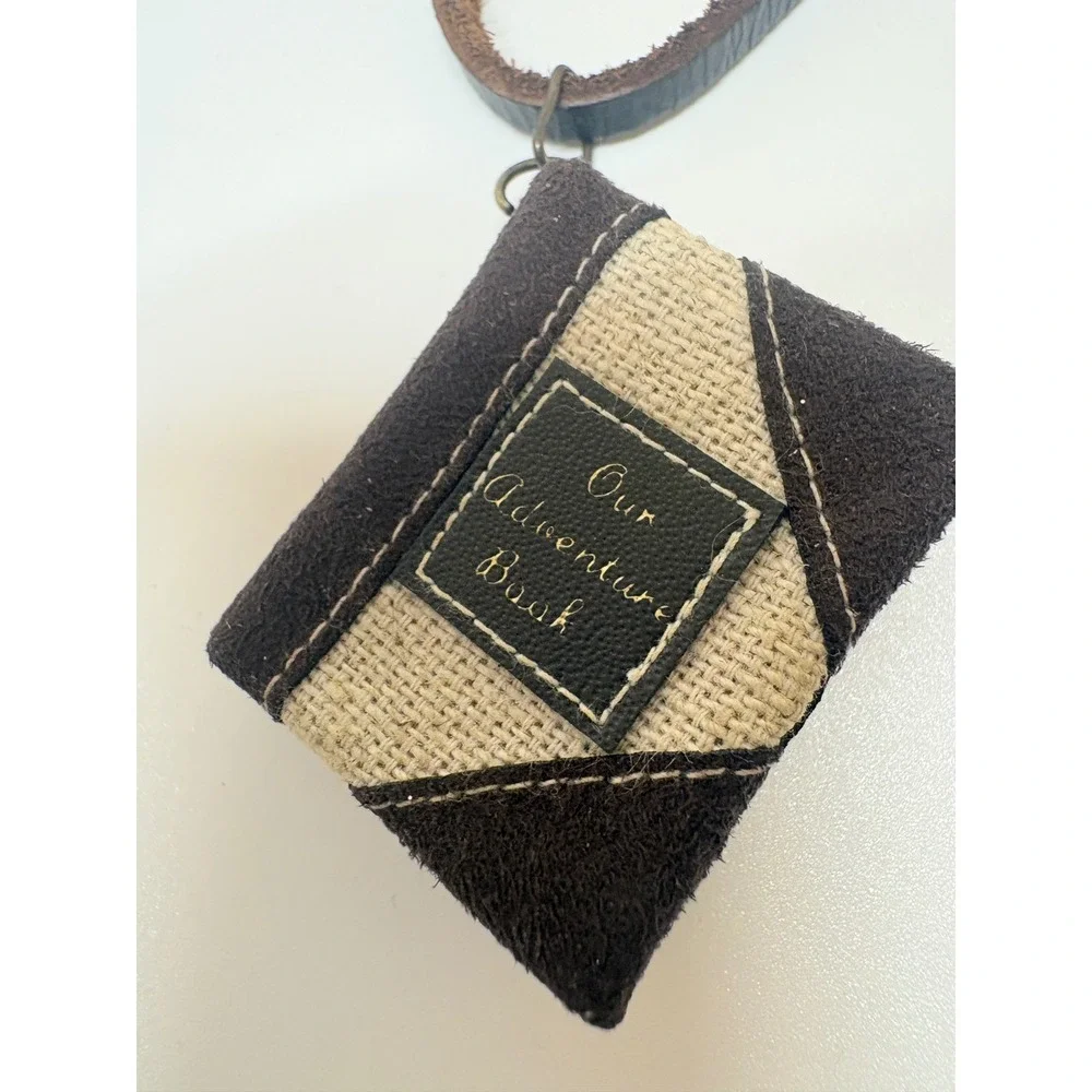 Our Adventure Book Miniature Journal Pendant Necklace Brown Suede Burlap